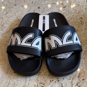 McQ BY ALEXANDER MCQUEEN BLACK SLIDES WITH WHITE LOGO SZ 41